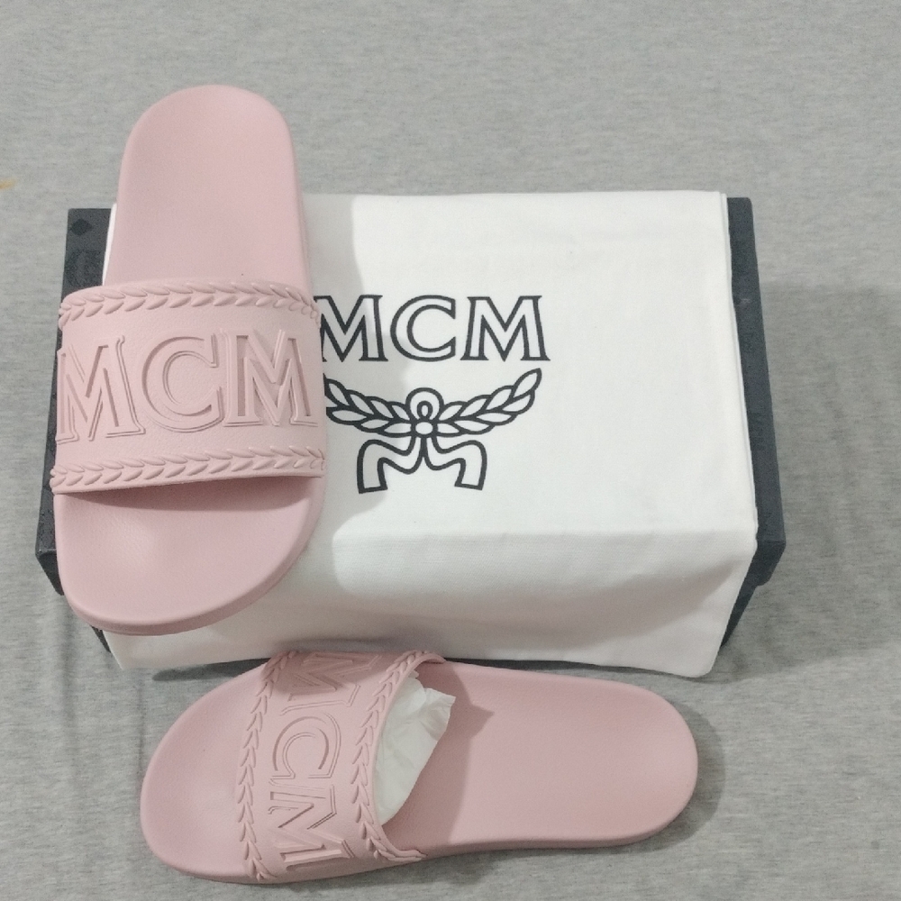 MCM Blush Pink Embossed Slides 100% Authentic Worn Once